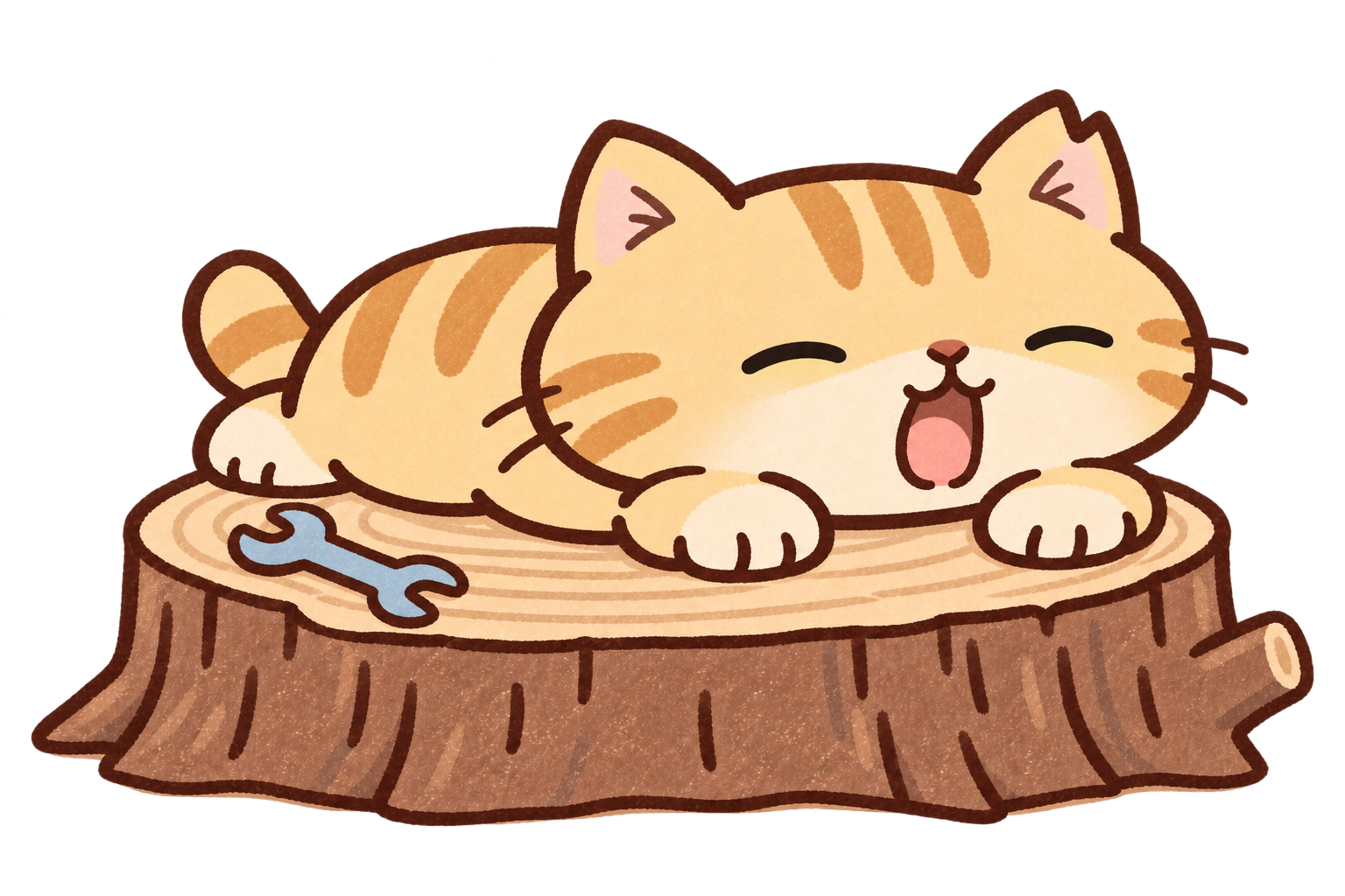 左耳が桜耳のねこすけが、切り株でうつ伏せになり、右を向いてあくびをしている